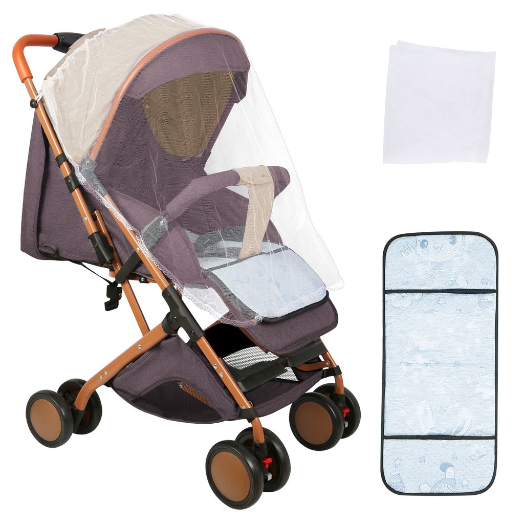 2 in1 Buggy Kinderwagen Kinderbuggy Klein Zusammenklappbar, mit 5-Punkt-Sicherheitsgurt, Liegewagen mit Matte und Moskitonetz Braun