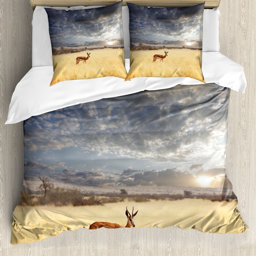 ABAKUHAUS Safari Bettbezugs Set Für Doppelbetten, Antilope in ruhiger Natur, Milbensicher Allergiker geeignet mit Kissenbezügen, Senf Blaugrau