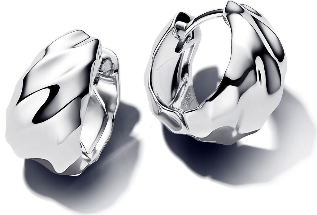 A pair of silver hoop earrings with a rippled texture, presented on a white background.
