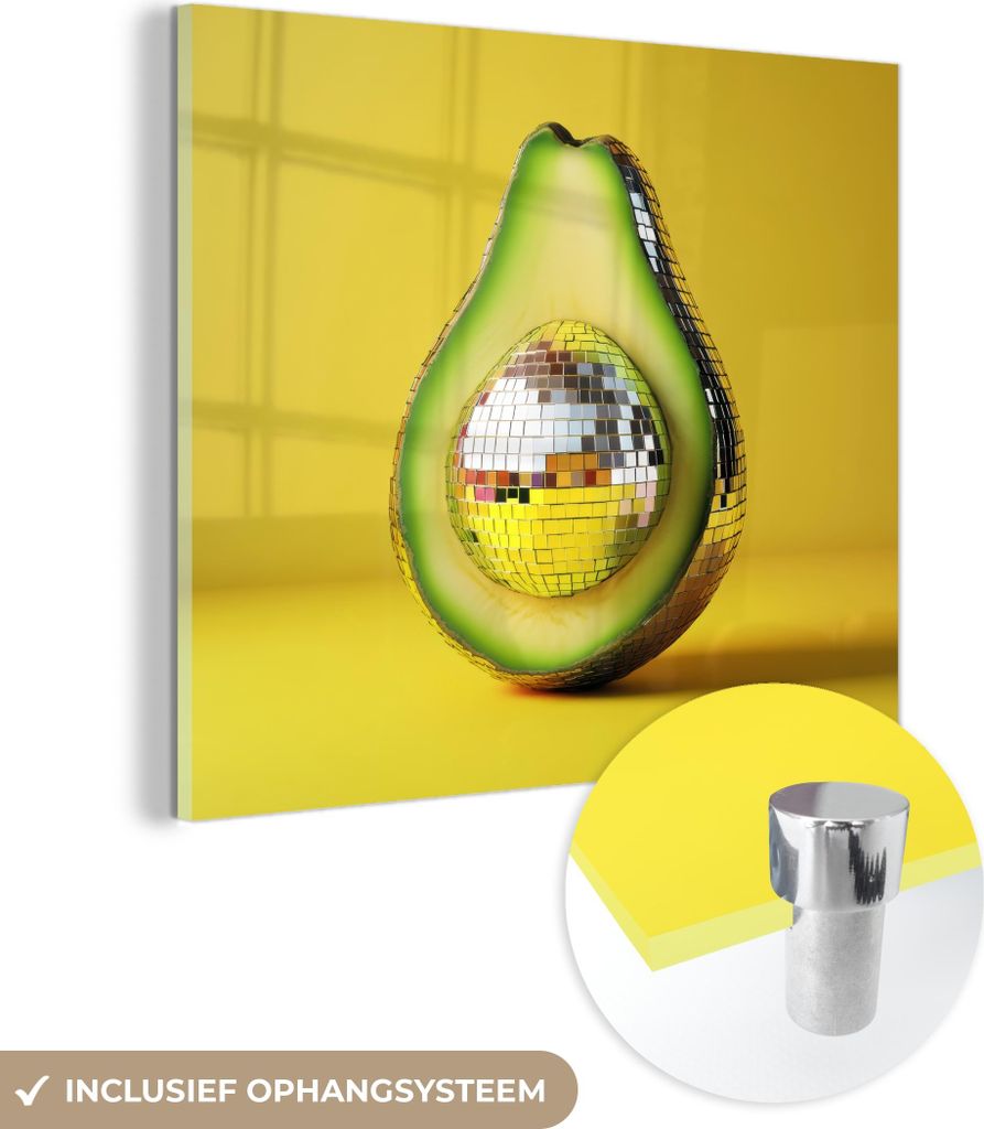 MuchoWow Glasbilder - Bilder auf Wandbild - Foto auf Glas Avocado - Discokugel - Gelb - Glitzer 40x40 cm Wanddekoration aus Glas - Acrylglasbild - ...