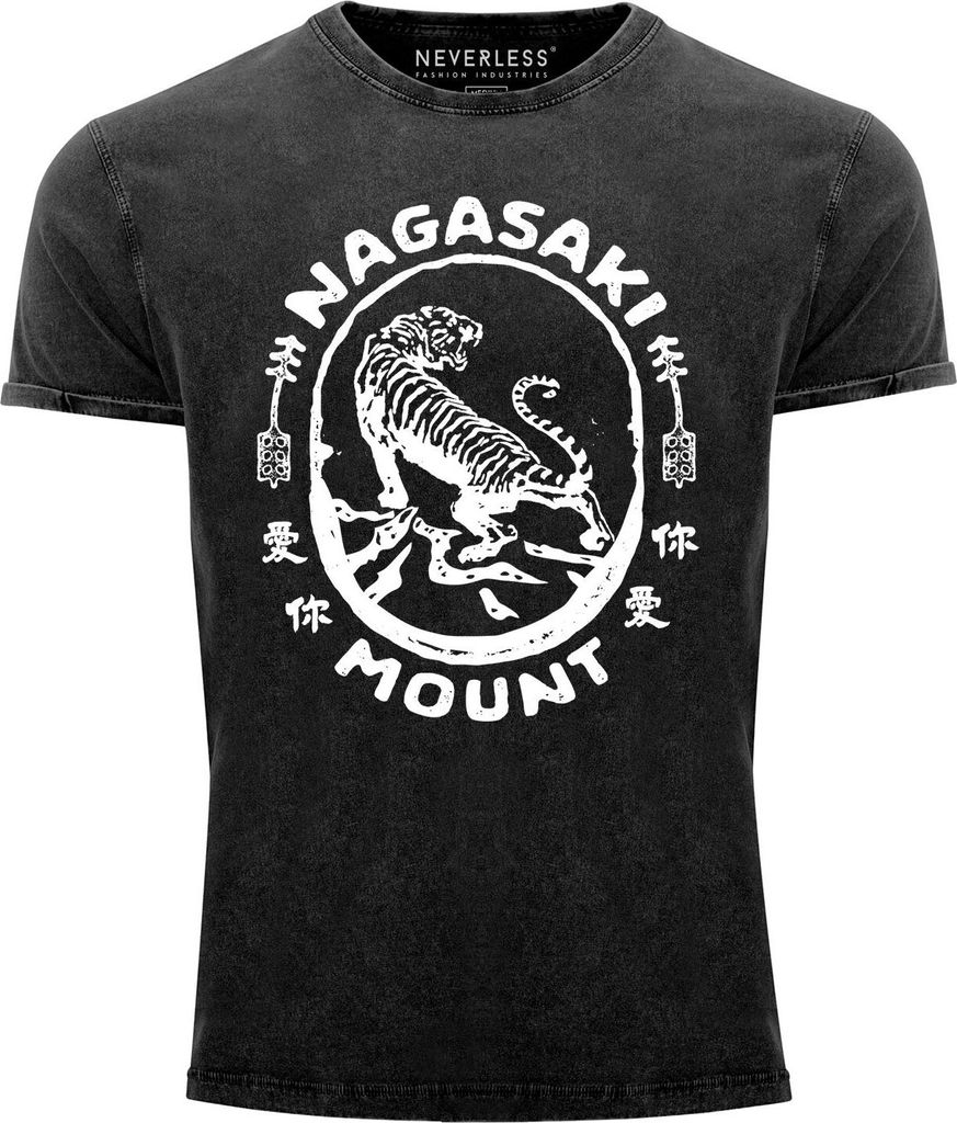 Neverless Herren T-Shirt Vintage Shirt Printshirt Tiger Aufdruck Japan Schriftzeichen Schriftzug Used Look Slim Fit schwarz M