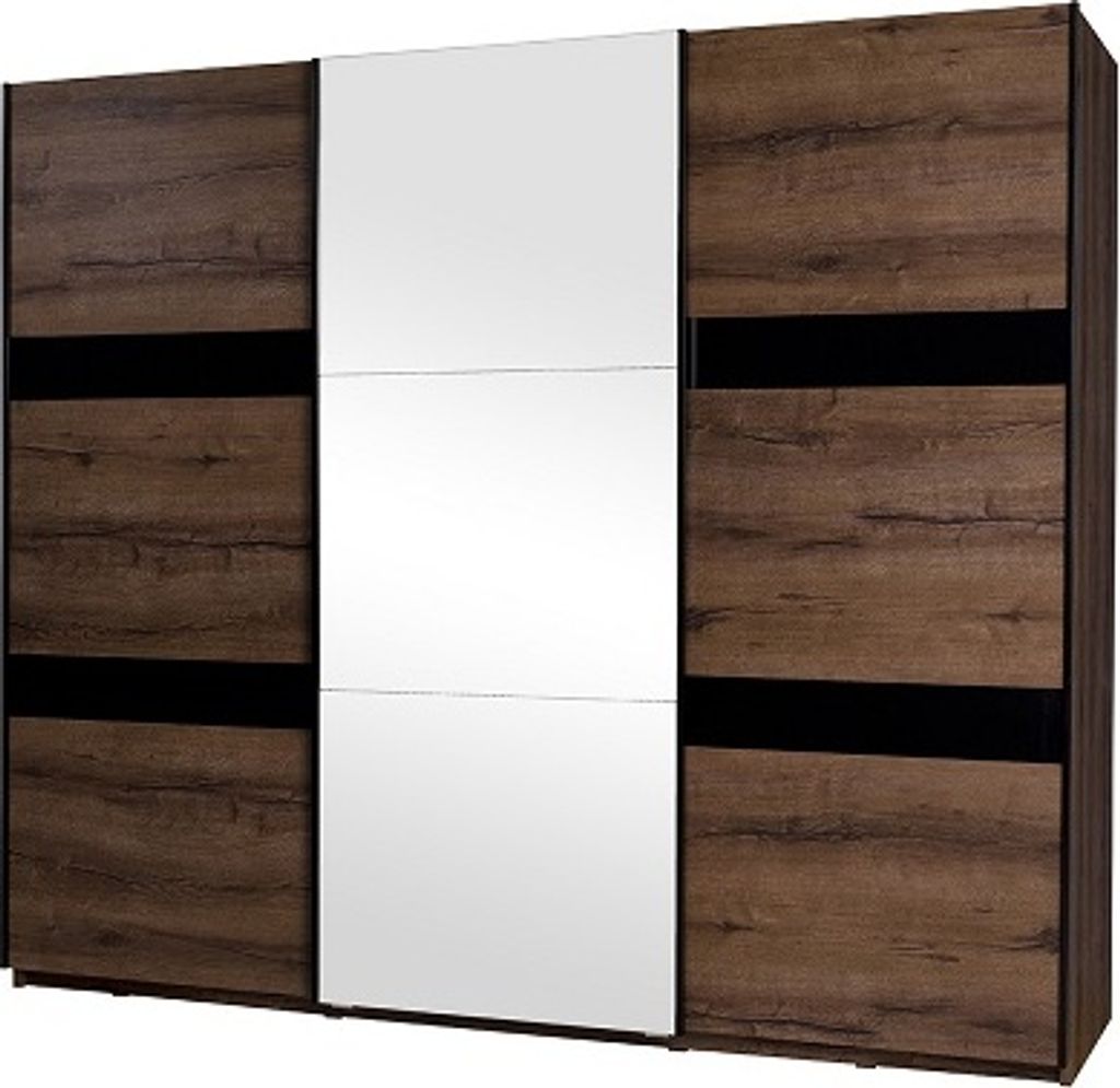 Furmeb24 - DENVER 3-triger Schwebeschrank mit Spiegel, Kleiderschrank (Eiche Monastery /Schwarz gl€nzend) - Inclusive LED