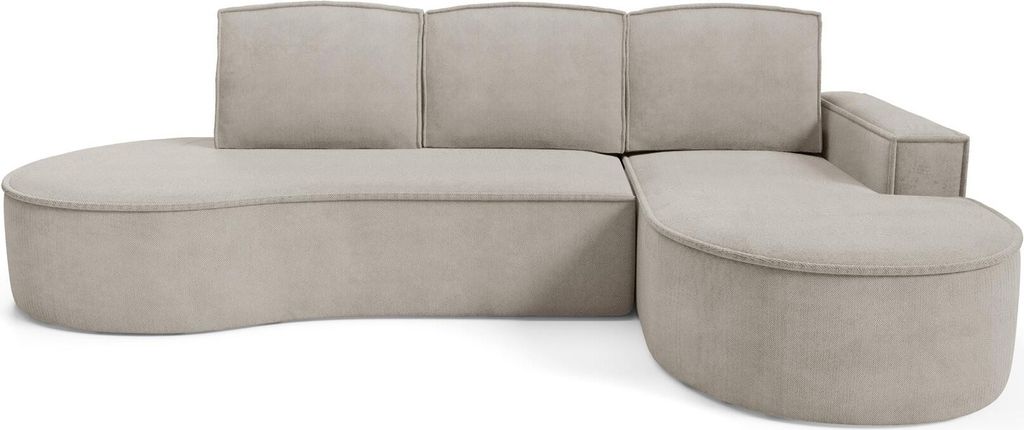 BETTSO Großes Ecksofa FLOW mit Schlaffunktion und Kissen kaltbeige in Curio Stoff Rechts