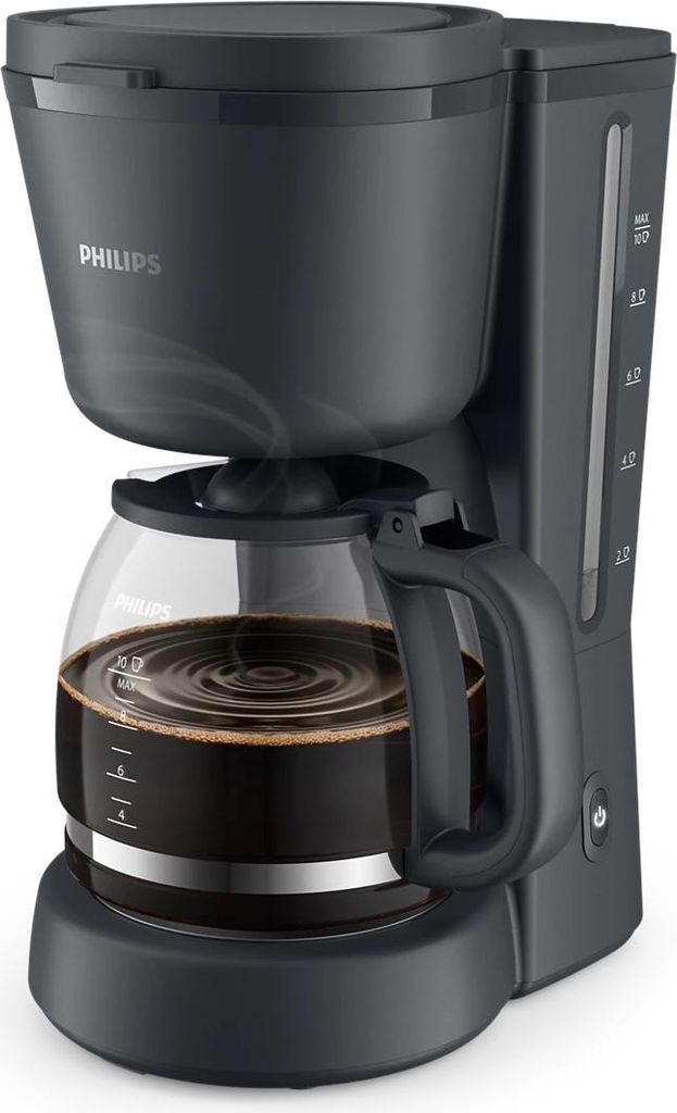 A black Philips coffee maker with a glass carafe filled with coffee.