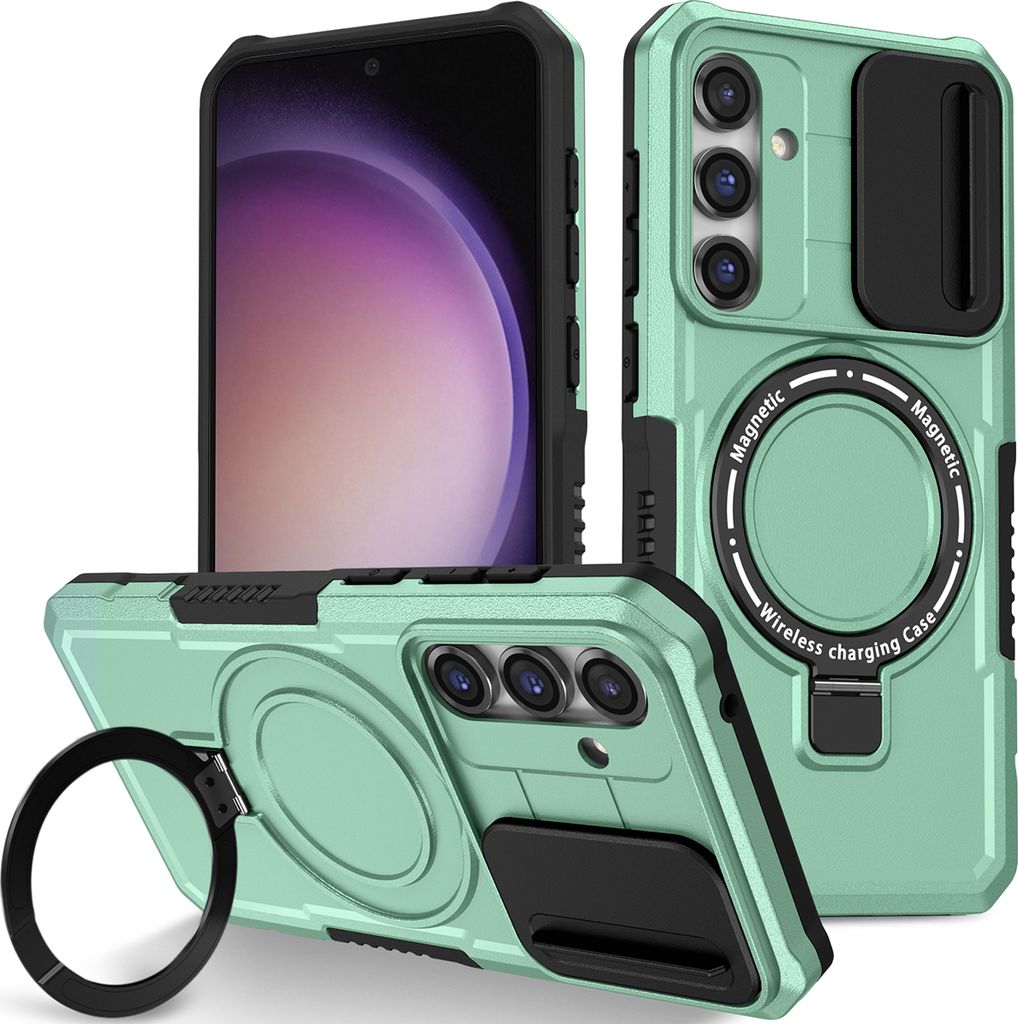 Handyhülle für Samsung Galaxy S23 FE Kompatibel mit MagSafe, Robuste Hülle mit Schiebe Kamera Schutz, Magnetischer Ringständer Grün