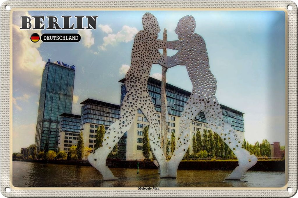 Blechschild Städte Berlin Molecule Mann Skulptur 30x20cm