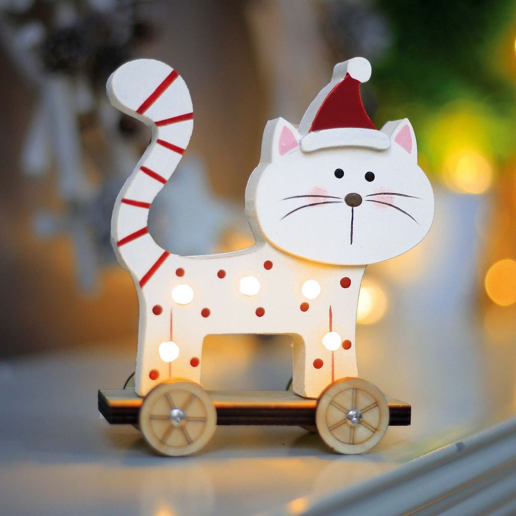 LED Figur Katze Holz beleuchtet 5 LED warmweiß Deko Winter Weihnachten fahrbar