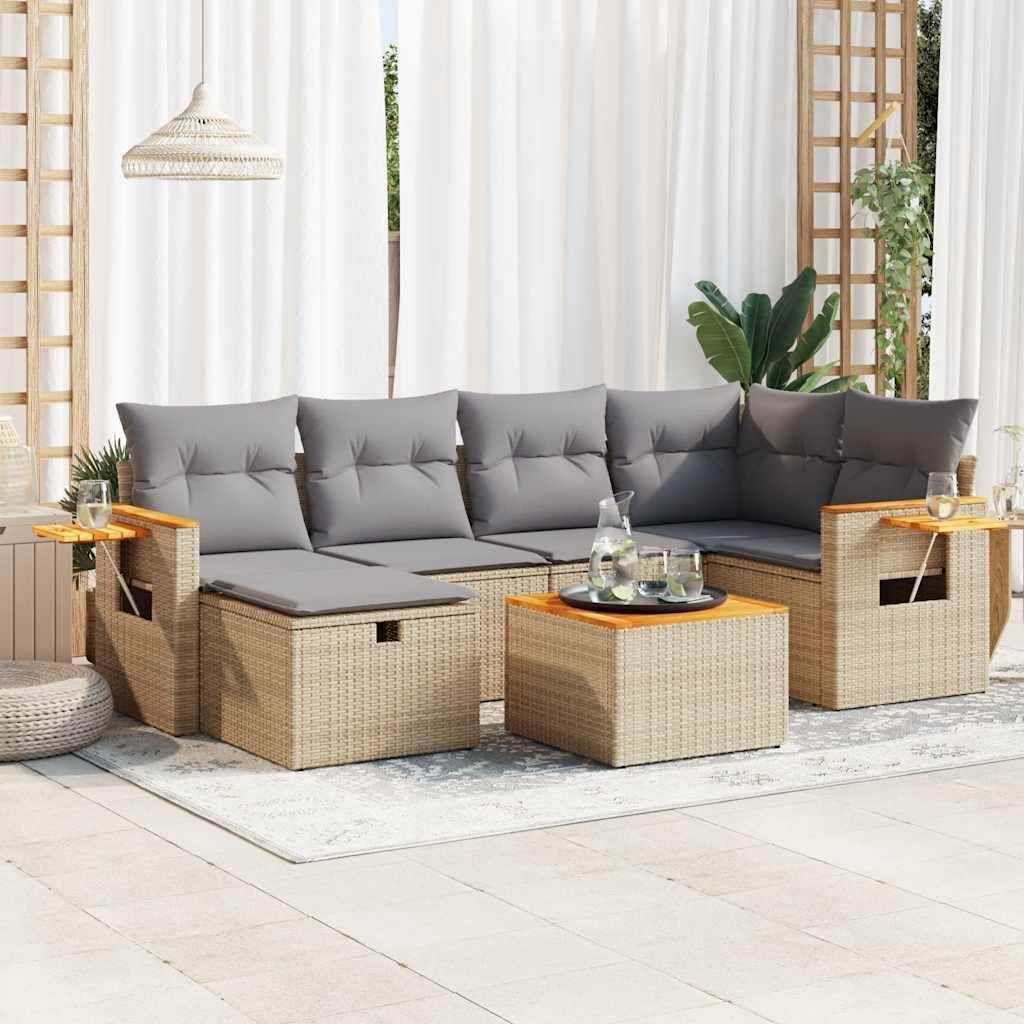 CLORIS 7-tlg. Garten-Sofagarnitur mit Kissen Beige Poly Rattan - Sitzgruppe 3325979