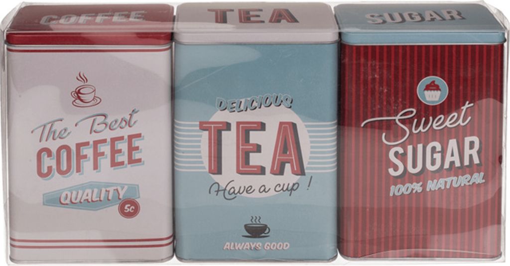 Three rectangular metal tins for coffee, tea, and sugar, with vintage-style labels.