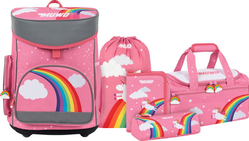 A collection of children's school bags and accessories with a unicorn and rainbow theme.