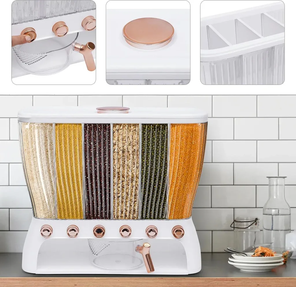 Contenitore per cereali e riso da cucina - 6 scomparti - Capacità 10 kg - Mantiene gli alimenti freschi - PP riutilizzabile - 42×16,5×36 cm - Bianco