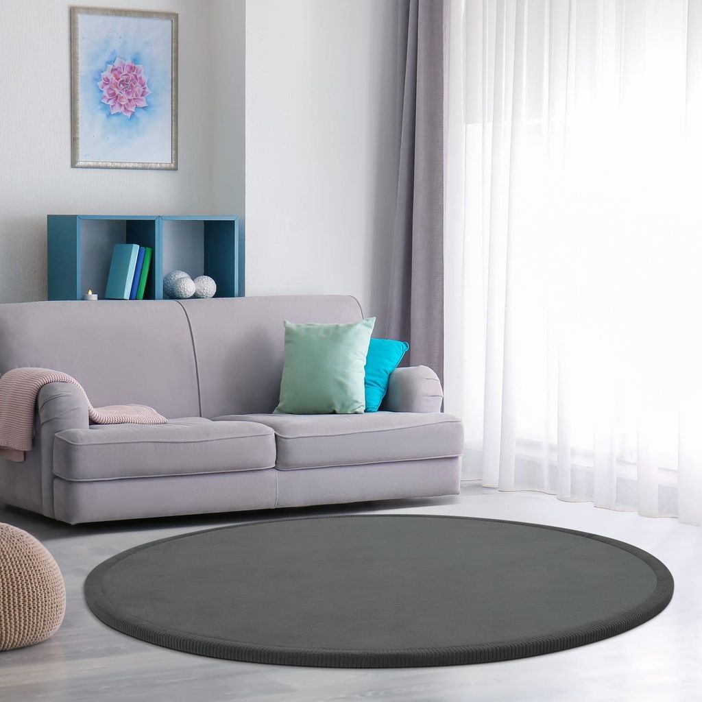 Hochflor Teppich waschmaschinenwaschbar Unifarben Schlafzimmer schmutzabweisend Anthrazit Rund 200D | 100% Polyester | Florhöhe: 20 mm | pflegeleicht