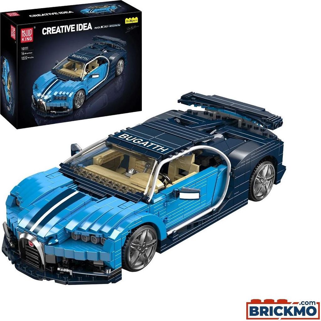 A blue and black building block model of a Bugatti Chiron car is displayed next to its packaging.