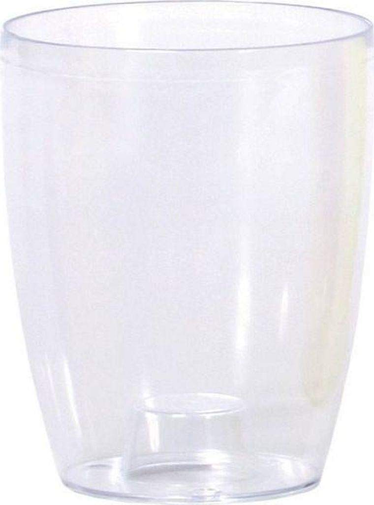 A clear plastic plant pot with a raised inner base.