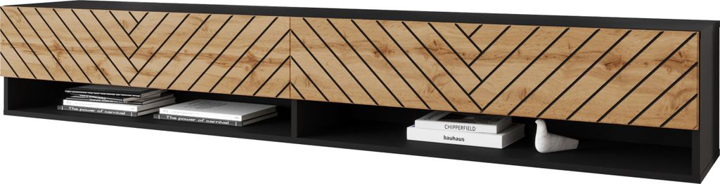 MIRJAN24 TV-Lowboard A180 MDF, TV-Tisch mit zwei Klappen, Loft Wohnzimmer Kollektion (Farbe: Schwarzer Graphit / Wotan Fischgrät, ohne Beleuchtung)