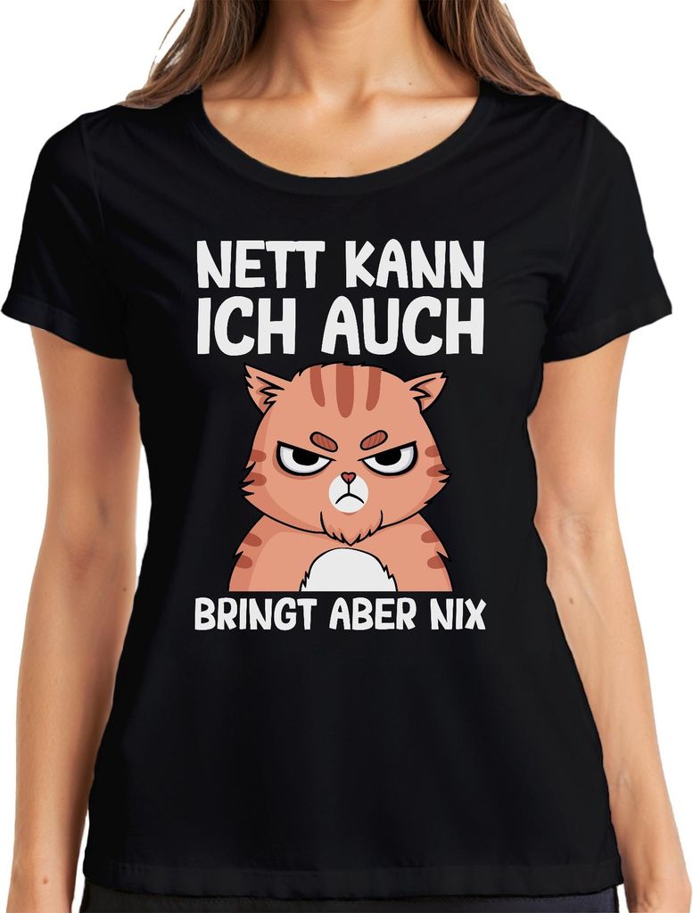 Nett kann ich auch lustiger Katzenspruch Cartoonkatze Humor Witz Damen T-Shirt, Schwarz, XXL
