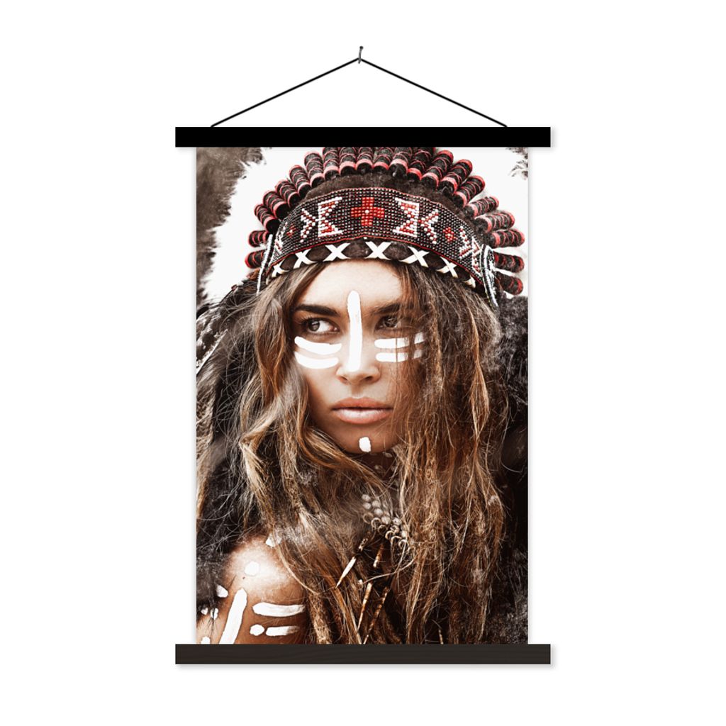 MuchoWow Textilposter Frau - Indianergewand - Federn - Streifen 60x90 cm mit schwarzem Rahmen - Poster Wohnzimmer