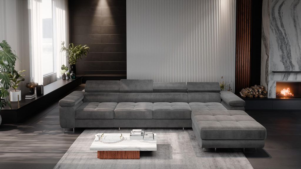 FurMeb24 ECKSOFA LAZZANO MAXI MONOLITH 85 - rechte seite - HELLGRAU - mit bettkasten und schlaffunktion