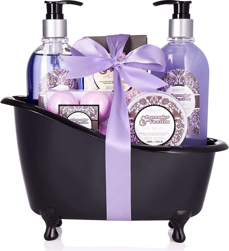 BRUBAKER Bade-Geschenkset Lavendel Vanille mit Deko Badewanne schwarz 8-teilig