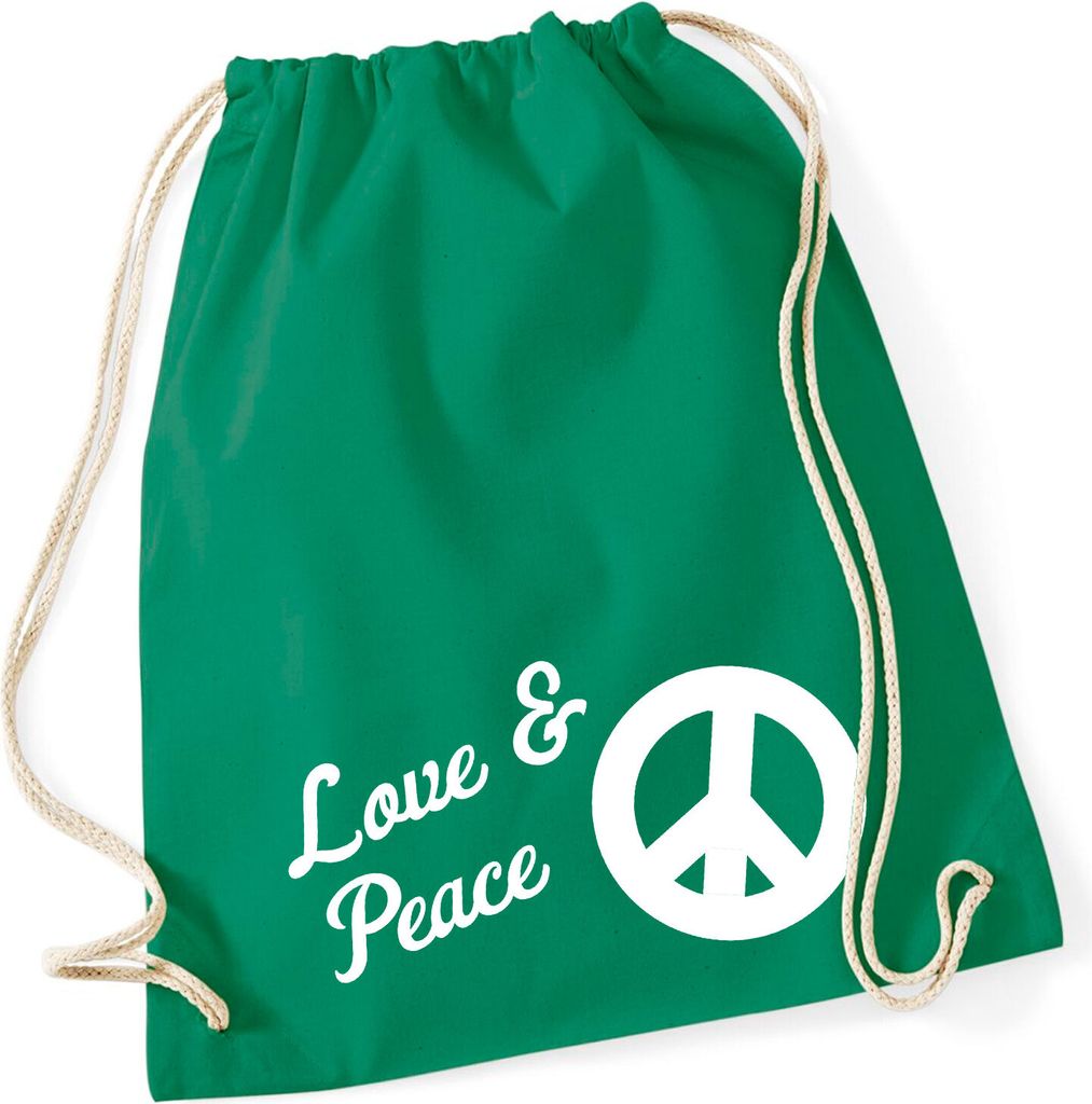 Huuraa Turnbeutel Love & Peace 12 Liter Kelly Green Baumwolle Rucksack Geschenkidee