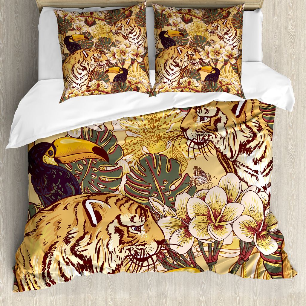 ABAKUHAUS Tiger Bettbezug, Tropical Bengal Toucan, Milbensicher Allergiker geeignet mit Kissenbezügen, 200 cm x 200 cm - 80 x 80 cm, Erde Gelb Dun...