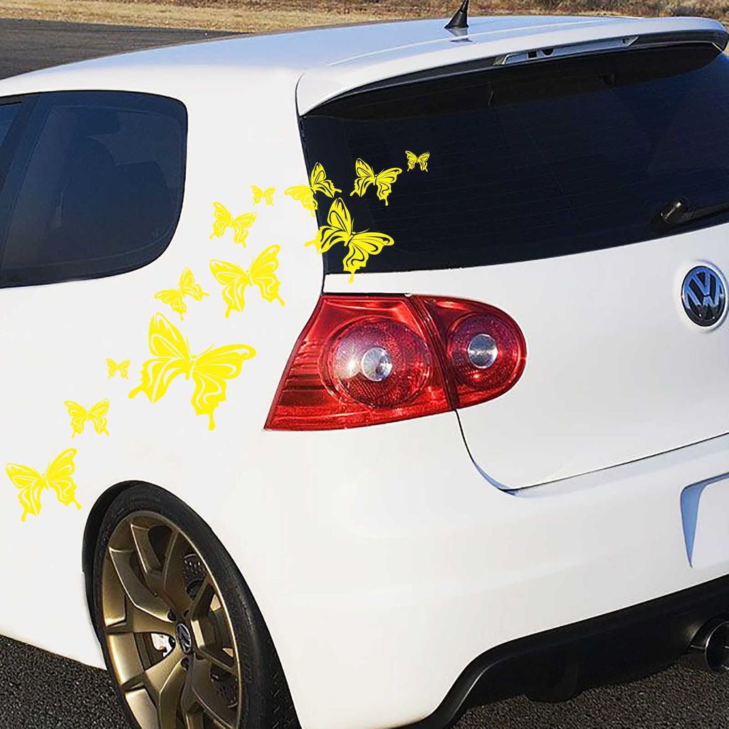 Aufkleber - 14-teiliger "Butterfly" Autoaufkleber-Bogen 60cm x 30cm gelb - Tuning Carystyling Heckscheibe Auto