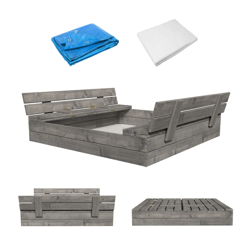 Bac à sable imprégné MAMOI 120cm avec bancs et couvercle de protection - 6