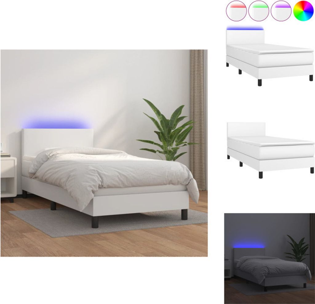 vidaXL Boxspringbett mit Matratze & LED Weiß 100x200 cm Kunstleder - Betten & Bettgestelle