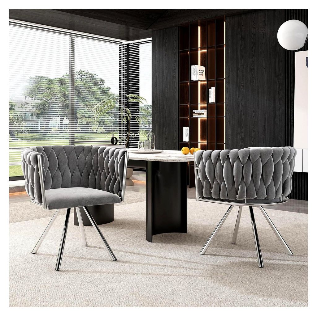 Drehstuhl 2er Set, Moderner Armlehnstuhl aus Samt, Drehbarer Esszimmerstuhl mit Metallbeinen, für Esszimmer, Wohnzimmer, Schlafzimmer, Grau und Si...