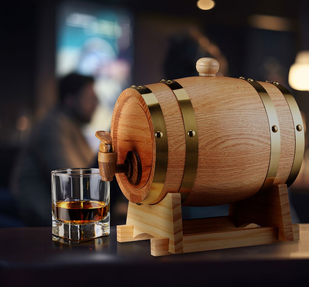 Botte In Rovere Per Whisky E Vino – 1L Con Rubinetto E Supporto, Perfetta Per Bar E Casa