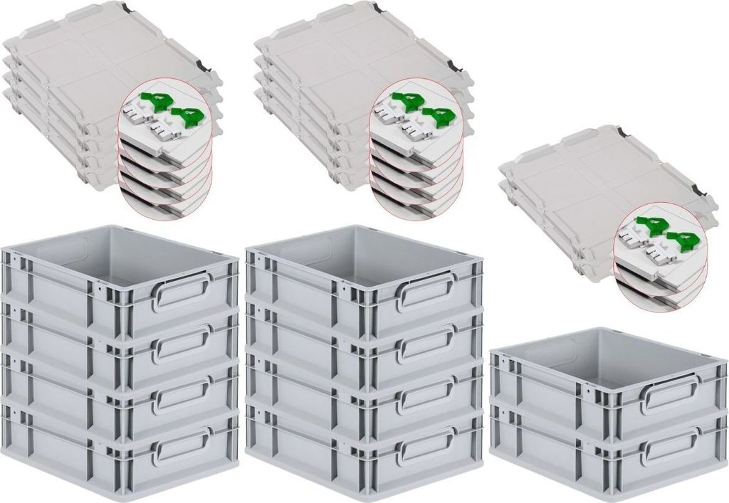 SuperSparSet 10x Eurobox NextGen Grip mit Scharnierdeckel und grünen Schiebeschnappverschlüssen | HxBxT 12x30x40cm | 11 Liter | Grau | Griffe ges...