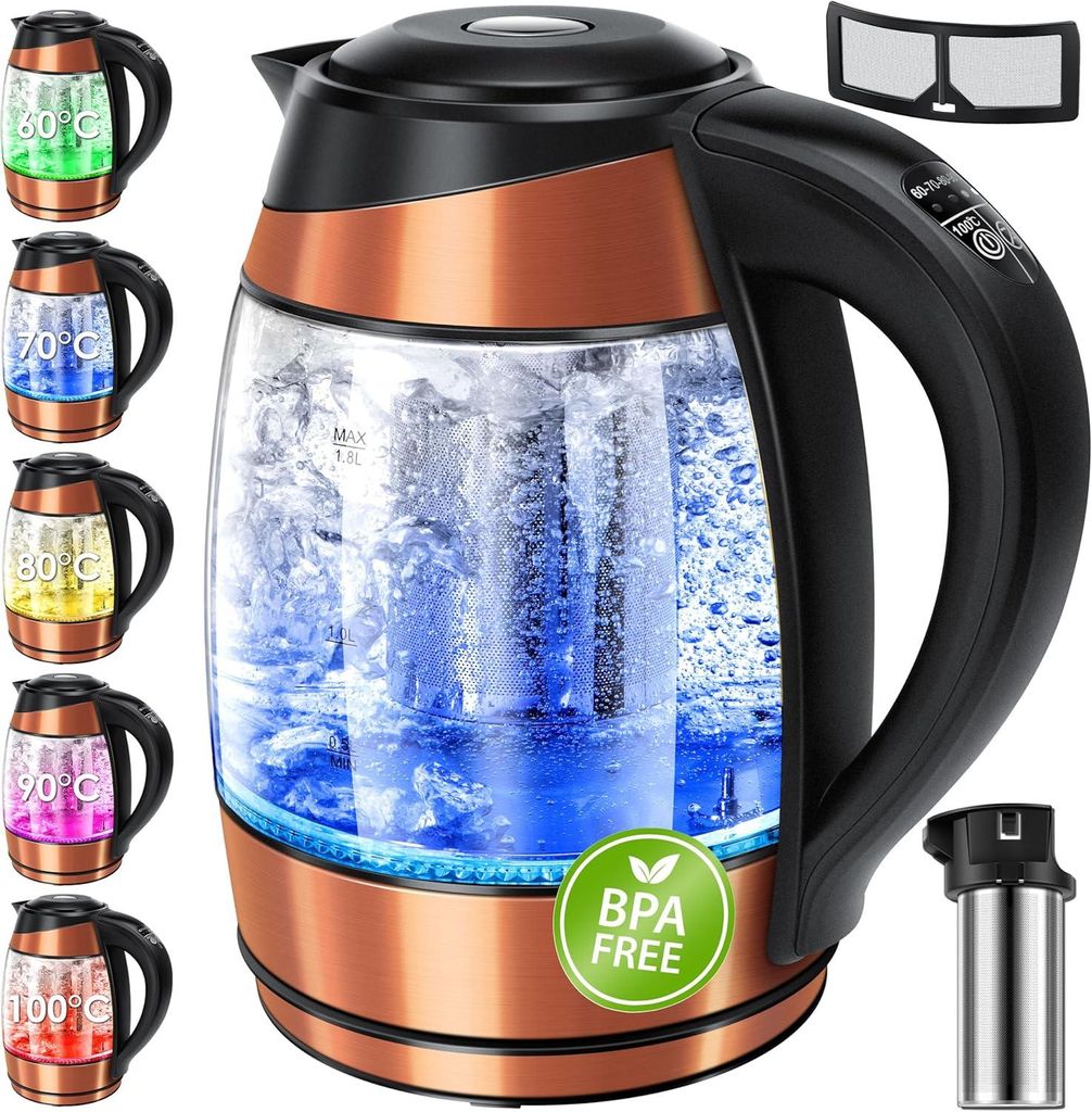 KESSER Wasserkocher 1,8L Glas & Edelstahl, LED-Farbbeleuchtung, Temperaturwahl 60–100°C, Warmhaltefunktion, Teesieb, BPA-frei, Kalkfilter