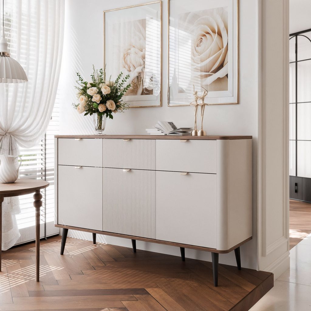 IDOHOME-Dreitürige Kommode NAVANI 130 cm mit 3 Schubladen Geriffelte Aufbewahrungsschrank Stehend Schubladenschrank Kaschmir + Nussbaum