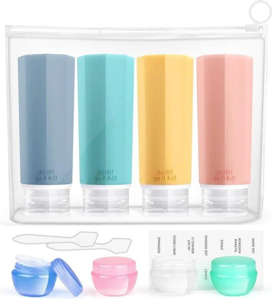 Bouteilles silicone voyage rechargeables 100ml - Set de 12 accessoires