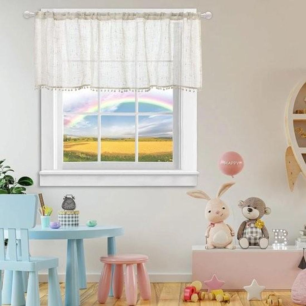Halbtransparenter, kurzer Gardine aus Baumwoll-Leinen-Mischgewebe mit Quasten, ideal für Küche und Wohnzimmer. Maße: 30 x 150 cm (H x B), 1 Stück.