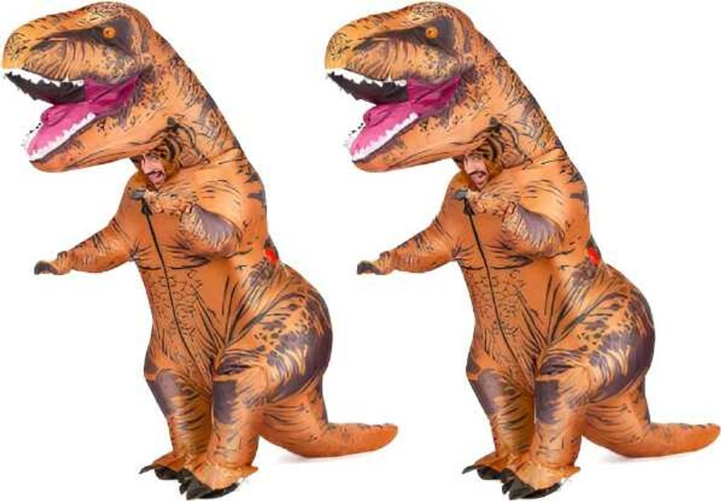 Two inflatable T-Rex costumes shown side-by-side against a white background.