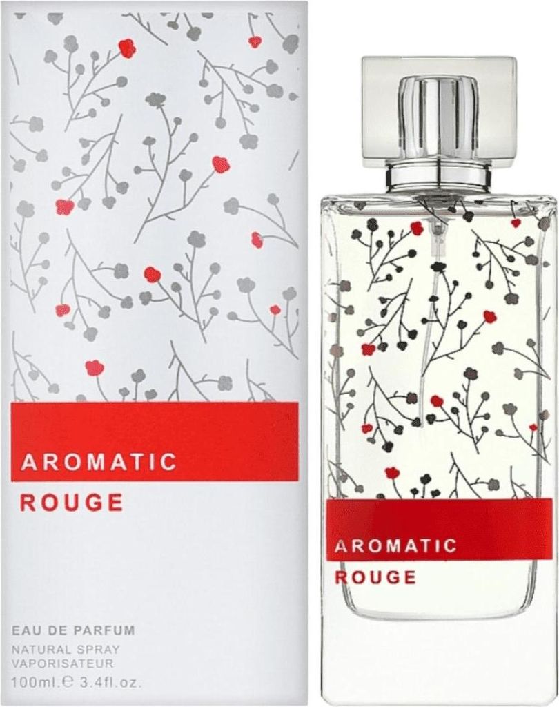 A perfume bottle and its packaging are shown side-by-side against a white background.