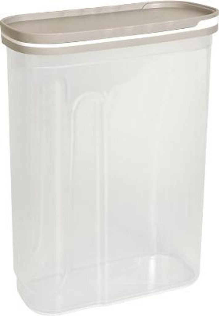A clear studio shot of a transparent food storage container with a beige lid.