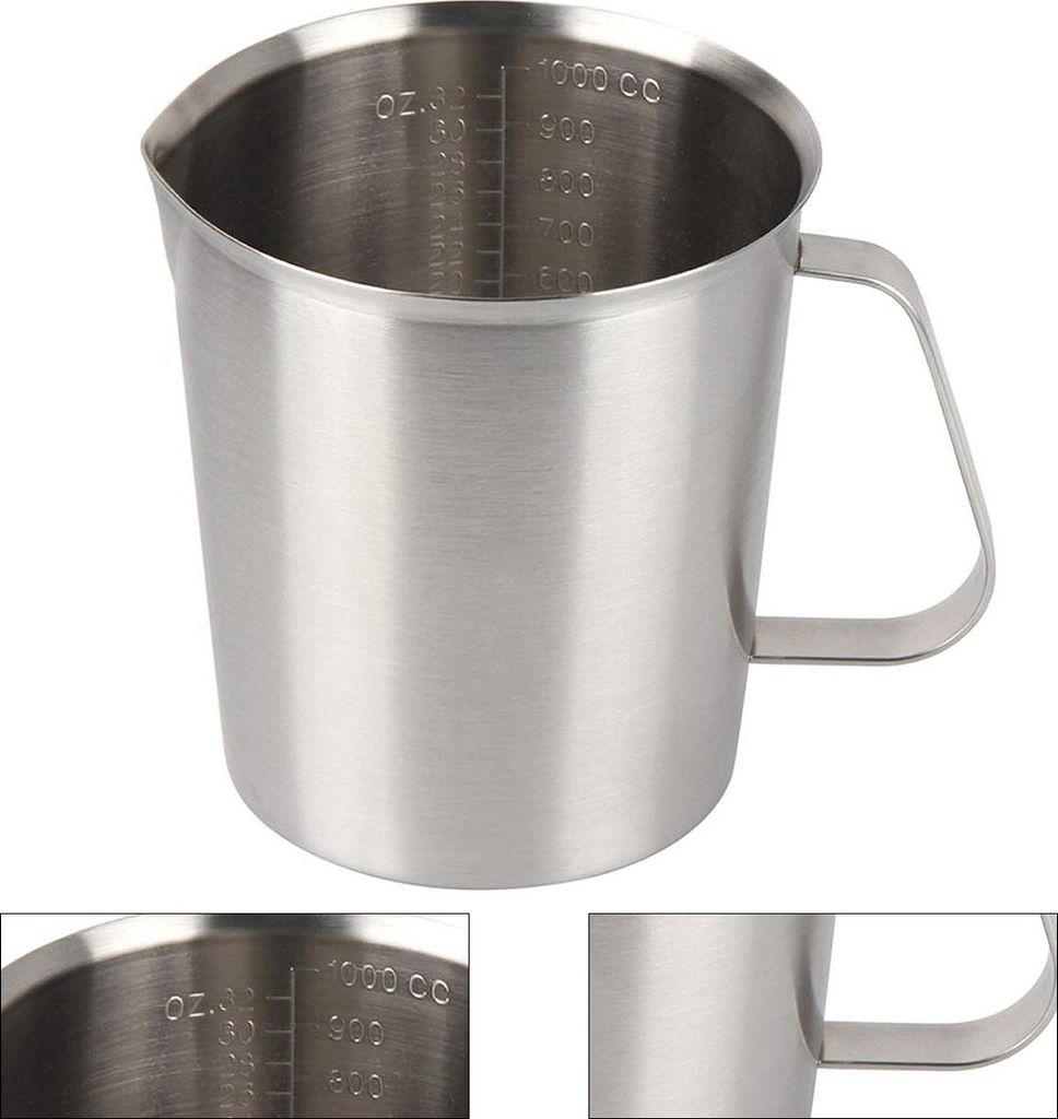 Edelstahl Milchkännchen 1L Barista, Milchaufschäumer für Latte Art, Cappuccino & Kaffee, Messbecher mit Skala