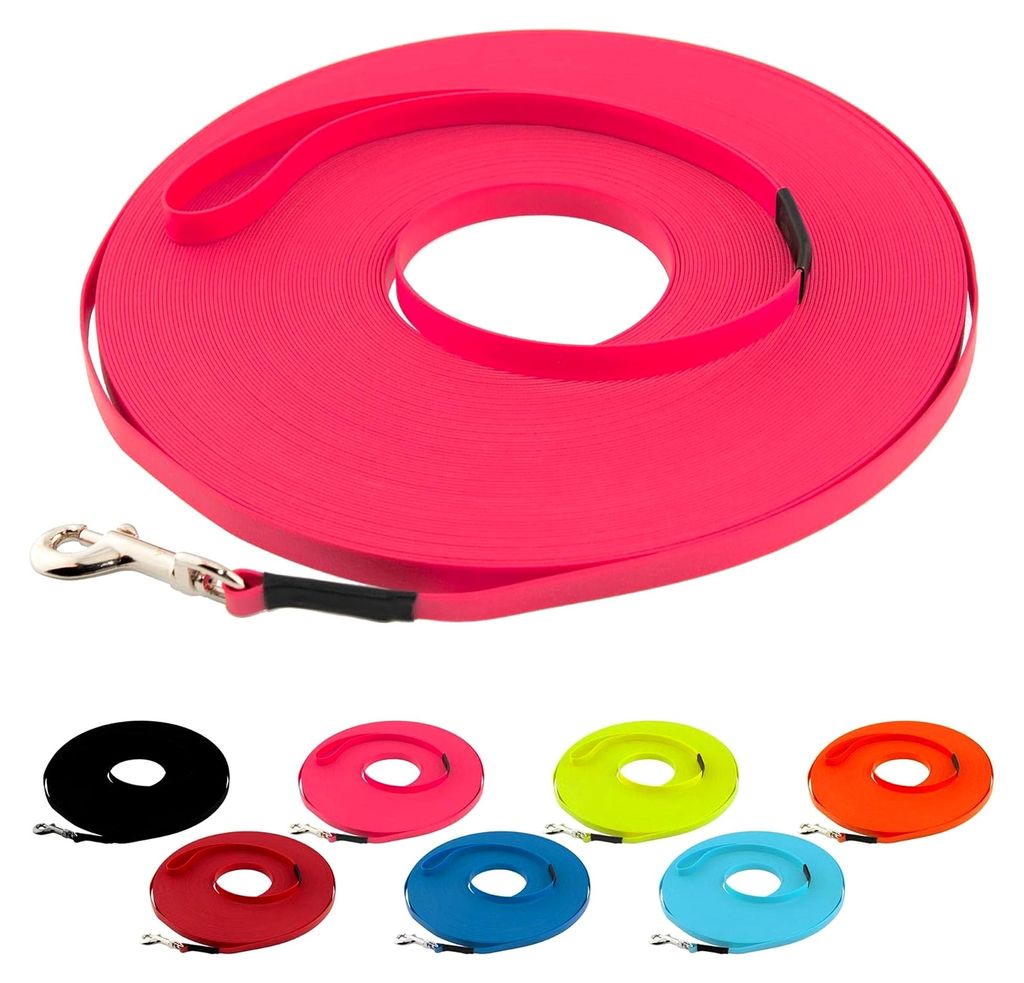 Ultraleichte BioThane Schleppleine für Hunde bis 5 kg, 10 m lang, mit Handschlaufe, Neon-Pink, genäht, 9 mm