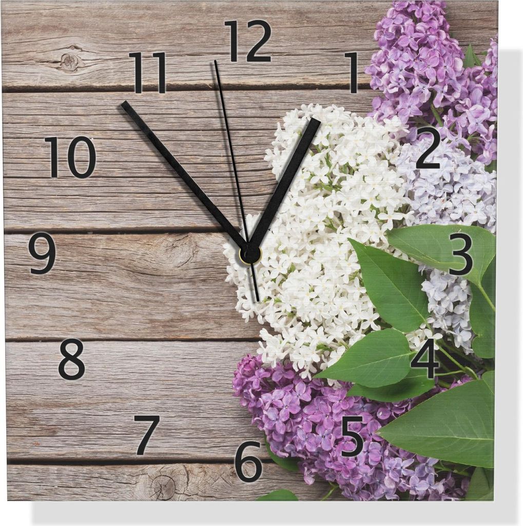 Wallario Design Wanduhr Fliederblüten auf Holz aus Aluverbund, Größe 30 x 30 cm