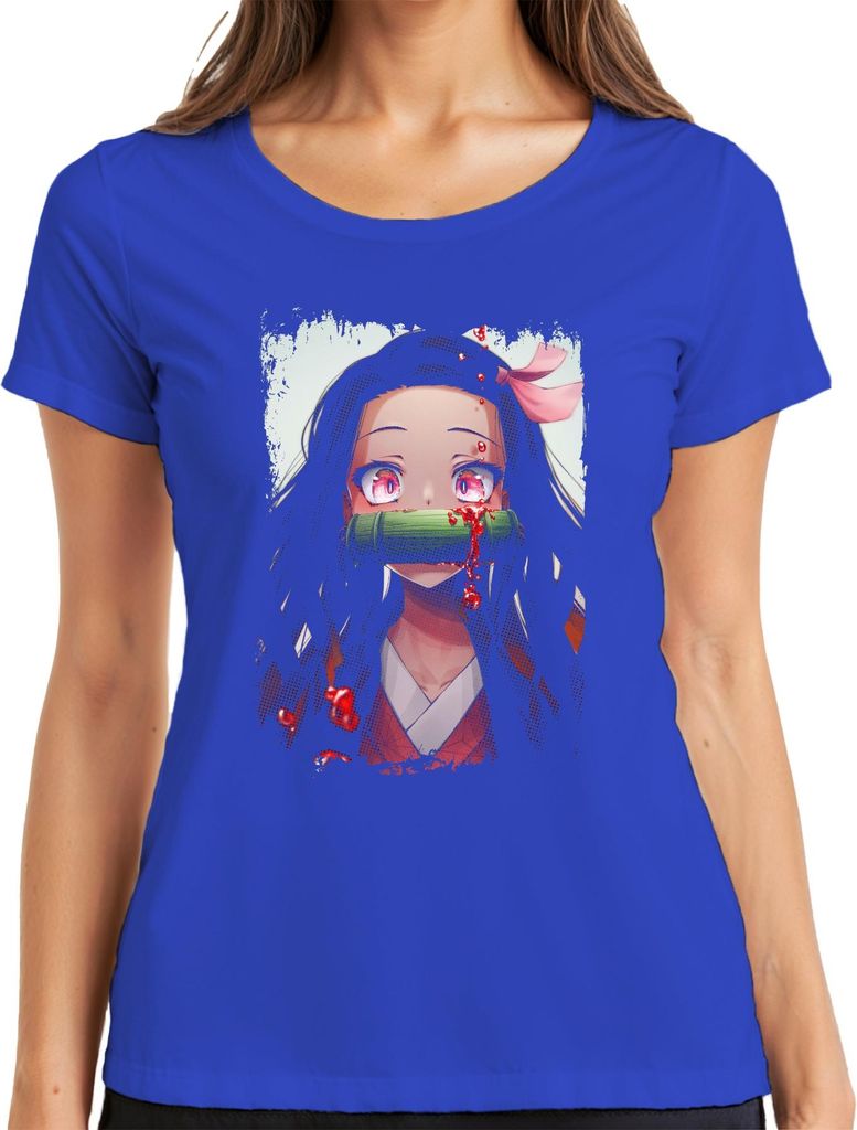Nezuko Kamado Demon Slayer Anime Manga Bambus Blut Kawaii Cosplay Damen T-Shirt, Blau, XXL