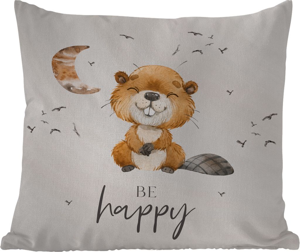 MuchoWow Outdoor Kissen - Zitate - Glücklich sein - Kinder - Mond - Biber - Aquarell - 50x50 cm - Wetterfest - Lounge Kissen - Komfortabel - Kis...