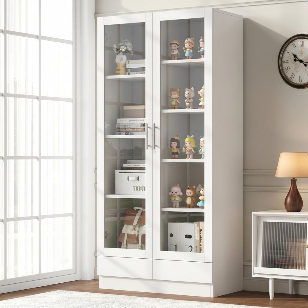 Vetrina a giorno in vetro con 2 cassetti, ideale per sala Immagine del prodotto 