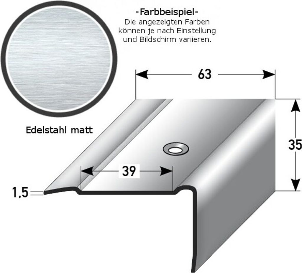 Treppenkante "Mirabella" / Kombiwinkel / Winkelprofil, Breite: 63 mm, verschiedene Höhen von 25 - 45 mm, aus Edelstahl (matt), gebohrt, von Auer M...