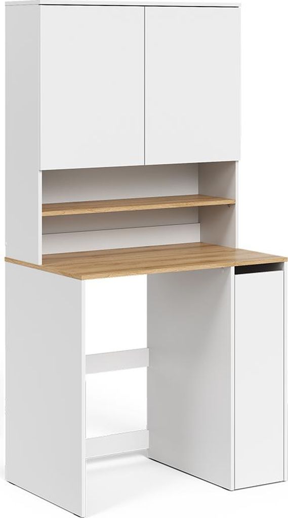 A white and wood-colored desk with a hutch and storage cabinet.