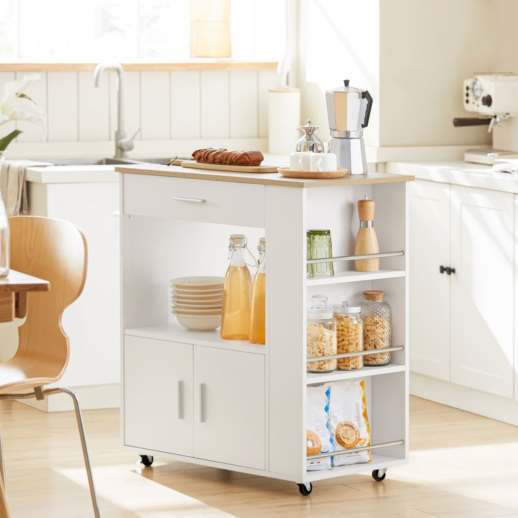 A kitchen island cart in a well-lit kitchen.