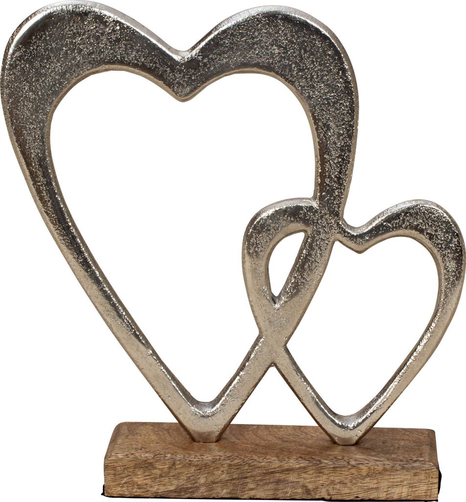 Moderne Skulptur Dekofigur Herz aus Aluminium auf Sockel aus Holz Silber/braun 20x23 cm