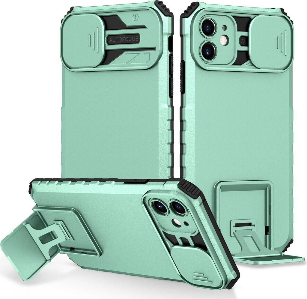 iPhone 11 Hülle, Dual Layer Ständer Schutzhülle mit Schiebe Kamera Schutz für iPhone 11 Türkis