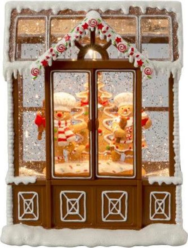 Peperkoekhuis sneeuwlantaarn 21.5x16.5cm led bruin Productafbeelding 